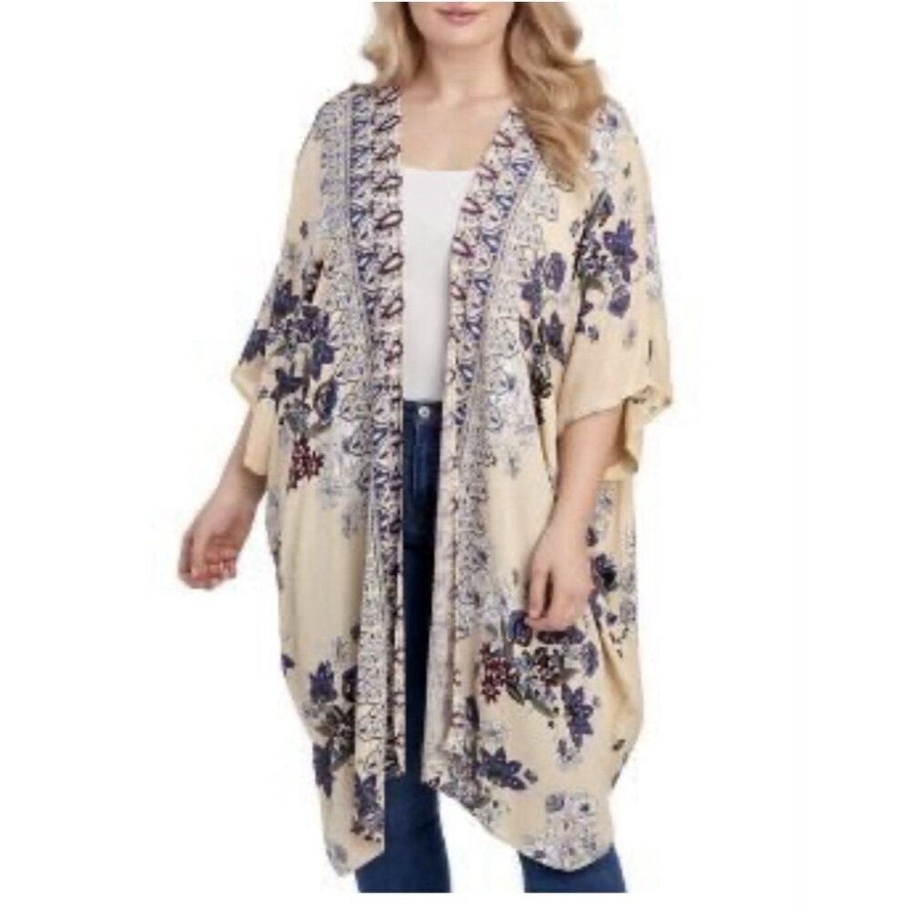 Angie Top Womens 1X Ivory Blue Boho Floral Open Front Kimono Hippie Festival